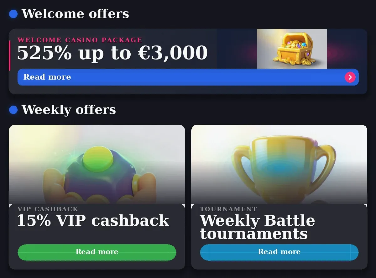 Bounty Reels Casino: 525% €3,000, 15% VIP cashback, Weekly Battle tournaments